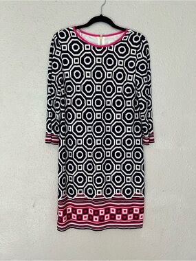 Eliza J Black & White Geometric Long Sleeve Dress with Pink Trim